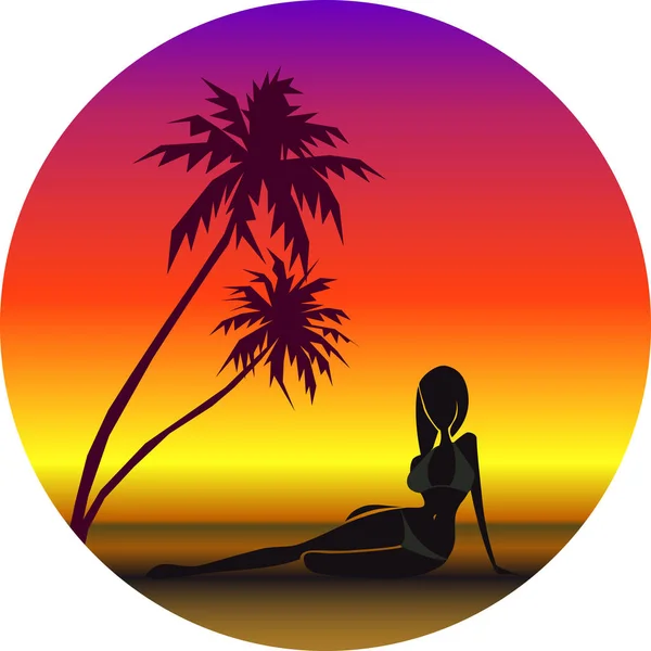 Ilustração vetorial de menina na praia sob palmtrees — Vetor de Stock