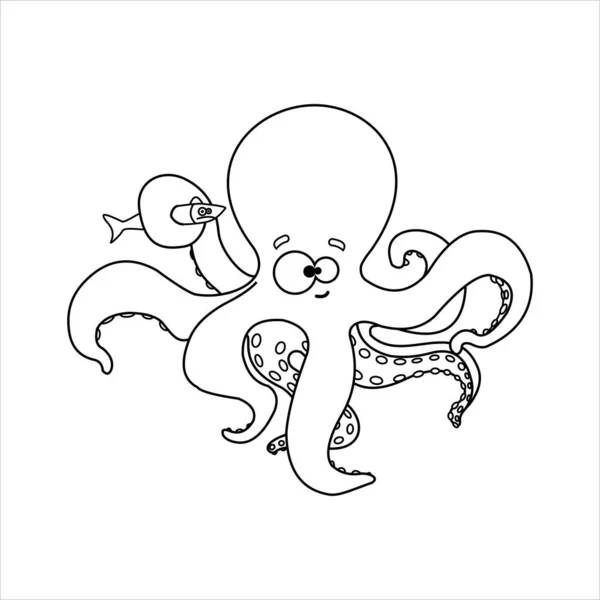 Pulpo Smiling Octopus Suckers Tentacles Sostiene Tentáculo Pescado Infeliz Para — Vector de stock