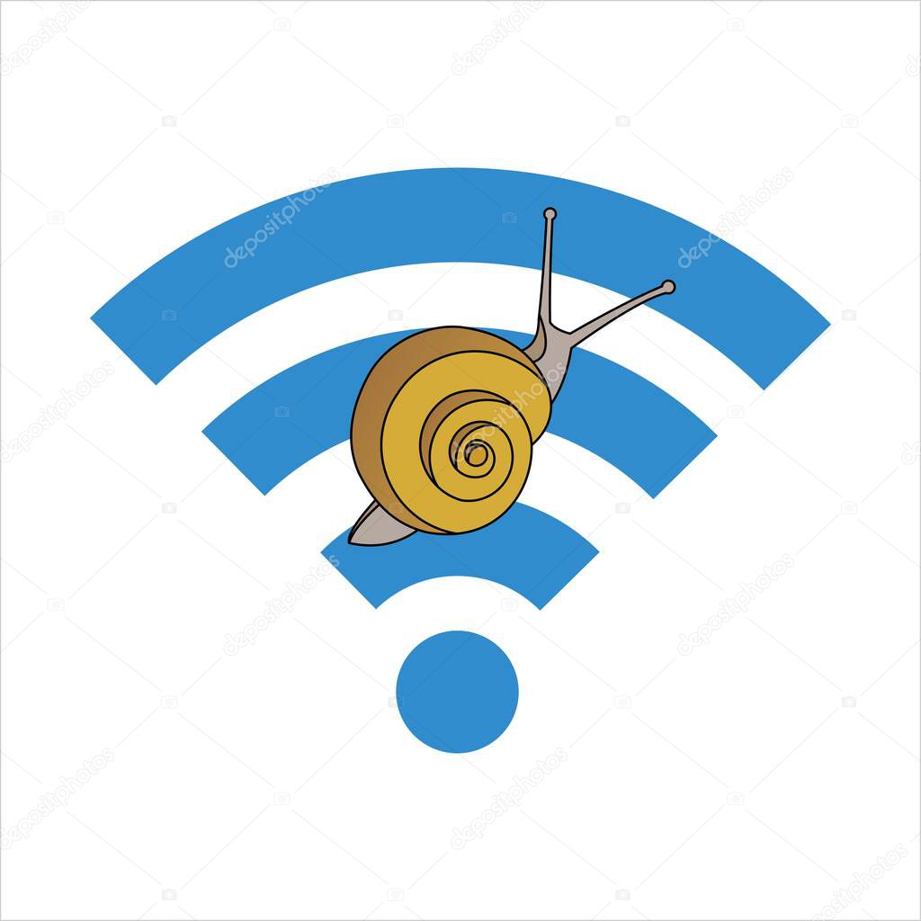 Snail On The Wi-Fi Sign. Slow Internet Speed. Symbol of Slowness. Modern flat Vector illustration on white background.