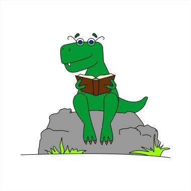 Kitap okuyan gözlüklü dinozor. Akıllı dinozor. Gözlüklü bir Tyrannosaurus pençesinde bir kitapla bir taşın üzerinde oturur. Beyaz arkaplanda vektör resmi izole edildi.