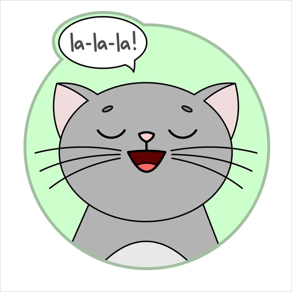 Şirin Kedi, Yuvarlak İkon, Emoji. Sakallı Gri Kedi gülümsüyor, La-la-la 'yı söylüyor. Bulut Konuşması, Baloncuk Konuşması. Mektup, elle yazılmış Word la la la. Beyaz bir arkaplanda vektör resmi izole edildi.