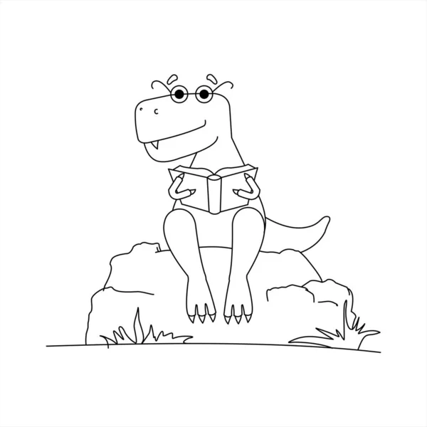 Kitap okuyan gözlüklü Conosaur. Akıllı dinozor. Gözlüklü bir Tyrannosaurus pençesinde bir kitapla bir taşın üzerinde oturur. Beyaz arkaplanda vektör resmi izole edildi. Boyama Kitabı sayfası.