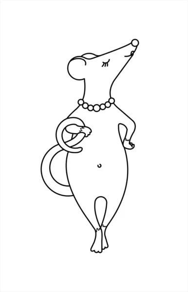 老鼠是一个女孩 一只长着一串珠子的重要老鼠 时尚的老鼠 2020年的象征 病媒说明 为书页配色 — 图库矢量图片