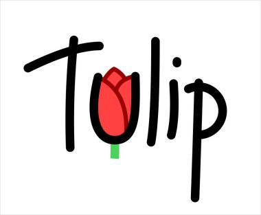 Lale. Bud of a Lale şeklinde U harfi. Beyaz arkaplanda el yazısıyla yazılmış Kelime Harfleme Vektör ResmiName.