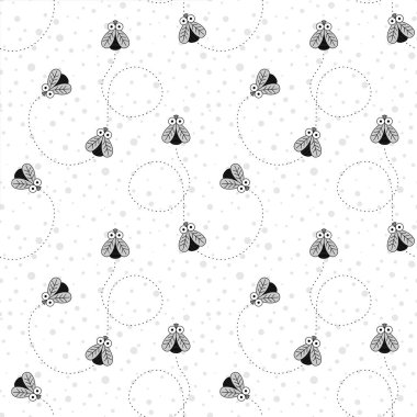 Böceklerle Kusursuz Desen. Sineklerle Şablon ve Hareket Yörüngesi. Vektör Siyah ve Beyaz Sinek deseni.