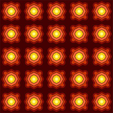 Kusursuz geometrik çokgen ve yıldız deseni. Karanlık bir arkaplanda kırmızı ve sarı parlak desen. Desen, Tekstil, Kumaş, Ambalaj Kağıdı, Laser Kesme için. Vektör Arkaplanı.