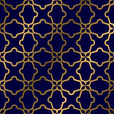 Kusursuz Geometrik Desen. Koyu mavi bir arkaplanda altın desen. Desen, Tekstil, Kumaş, Ambalaj kağıdı, İşleme, Lazer Kesme için. Vektör Arkaplanı.