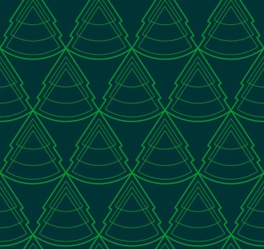 Kusursuz Geometrik Noel Ağaçları Şablonu. Yeni yıl. Koyu bir arkaplanda yeşil desen. Dekorasyon, tekstil, kumaş, ambalaj kağıdı, gravür ve lazer kesimi için. Vektör Arkaplanı.