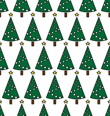 Noel Baloları ve Yıldızlarla süslenmiş kusursuz Noel Ağaçları deseni. Yeni yıl. Beyaz bir arka planda yeşil ladin. Dekorasyon, Tekstil, Kumaş, Ambalaj Kağıdı. Vektör Arkaplanı.
