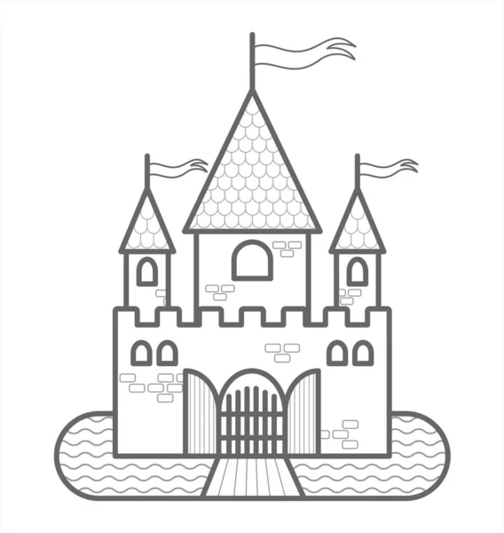 Château Conte Fées Avec Trois Tours Avec Drapeaux Portes Douves — Image vectorielle