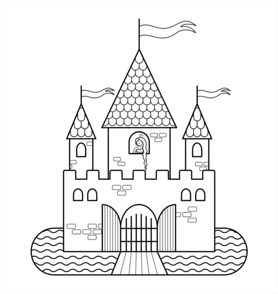 Сказочный замок с принцессой, с тремя туалетами, с флагами, воротами, рвом, мостом. Контур векторного изображения для детской раскраски. Контур средневекового замка. Принцесса с длинным Хайром.