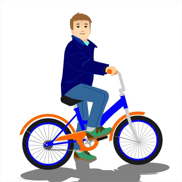 Garçon Tenue Décontractée Est Assis Sur Vélo Souriant — Image vectorielle