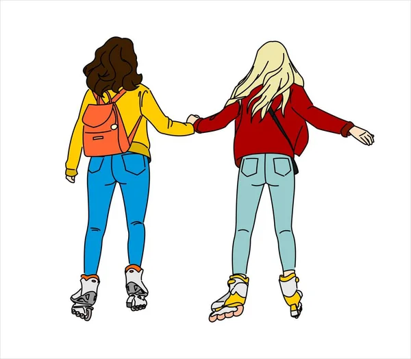 Twee Meisjes Rijden Rolschaatsen Achteraanzicht Blond Brunette Jeans Riding Rollers — Stockvector