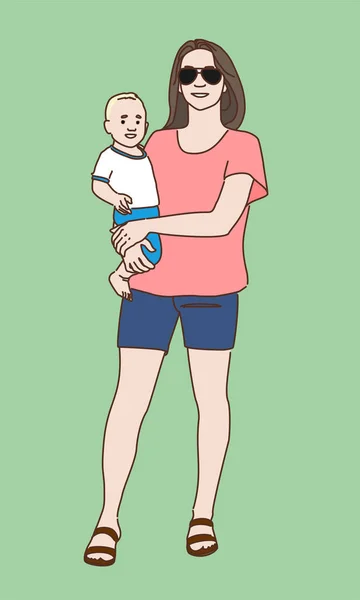 Femme Avec Enfant Sur Fond Vert — Image vectorielle
