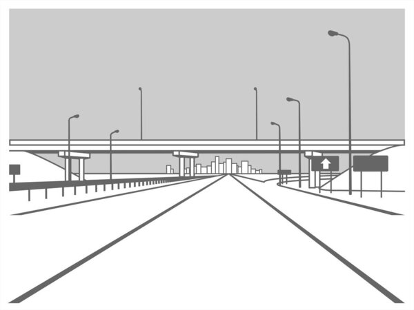 Маршрут. Дорожная развязка. Дорога проходит под мостом. Возвышенная дорога. Дорога в город. Небоскрёбы вдали. Стилизованное векторное изображение.