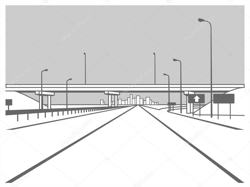 Overpass. Road Junction. The Road Goes Under The Bridge. Elevated Road. The Road to the City. Skyscrapers In the Distance. Stylized Vector Image.