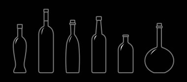 Dar bir boyunlu, farklı şekillerde şişeler. Çeşitli içecekler için cam şişeler, farklı sıvılar. Siyah Arkaplanda Vektör Resmi.