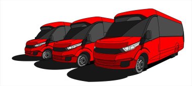 Kırmızı otobüsler otobüs durağına. Gezmek, otoparkta turist otobüsleri. Satılık otobüsler. Beyaz arkaplanda modern düz vektör illüstrasyonu.
