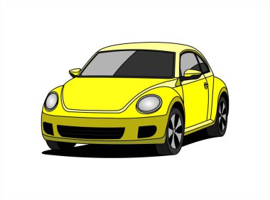 Küçük bir araba, ön manzara, üç çeyrek manzara. Yuvarlak vücutlu sarı araba. Ompact ity ar. Vektör Resimi Beyazda İzole Edildi.