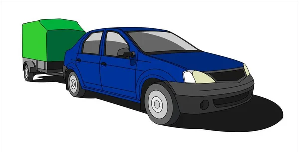 Carro Azul Com Reboque Vista Frontal Vista Três Quartos — Vetor de Stock