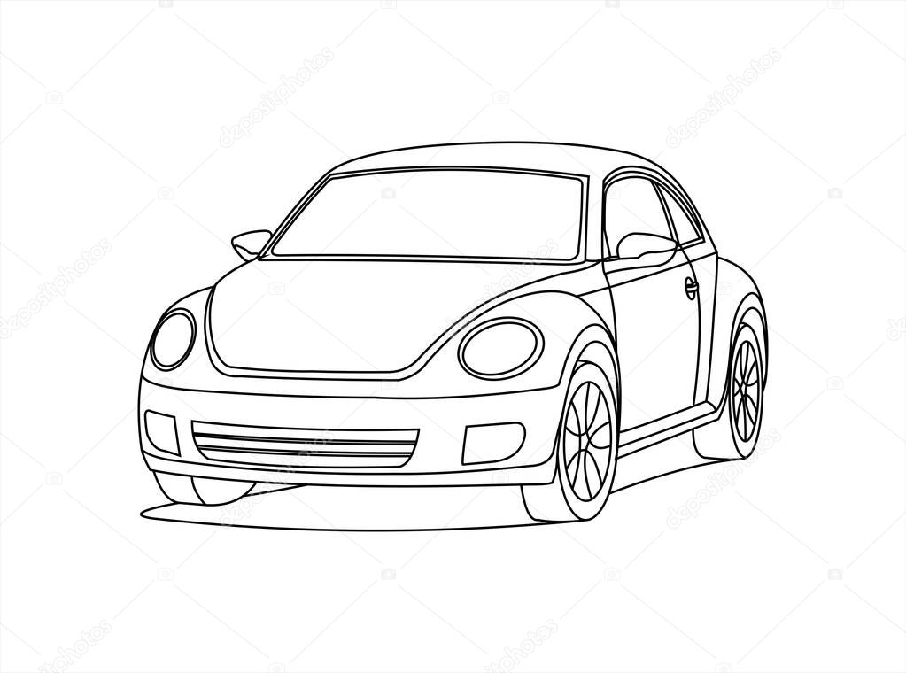 Small Car, Front view, Three quarter view. Contour Image Of A Rounded Car. Compact City Car. Coloring Book Page. Vector Image Isolated On a White Background.