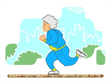 Vector Image Of A Running Old Woman In The Park. An Old Woman With Red Curly Hair, In A Tracksuit, In Sneakers. Elderly Woman, Senile People Concept. clipart