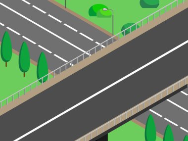 Isometric şehir köprüsü; peyzaj 3d rotası; yolun vektör görüntüsü. Ulaşım yolu, sokak, viyadük ya da yüksek hız yolu, üstgeçit, trafik kavşağı. Yol köprünün altından geçiyor..