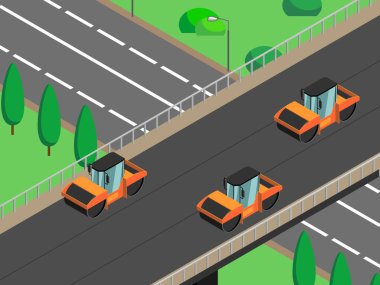 Yol onarımı, asfalt döşeme, yol silindirleri asfalt, üstgeçit, yol kavşağı gibi iztrik vektör görüntüleri. Isometric şehir köprüsü; peyzaj 3d yolu; yol köprünün altından geçer.