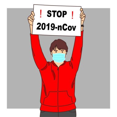 Coronavirus 'a karşı halk protestosu; elinde 2019-NCov yazısıyla elinde poster olan tıbbi maskeli bir adam; covid-19. Maskeli adam kaldırılmış ellerde bir poster tutuyor..