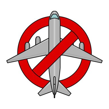 Uzaklaştırma, uçuş durdurma, Coronavirus, covid-19 konsepti. Kırmızı yasaklama işaretinde vektör düzlemi; beyaz arkaplanda izole edilmiş