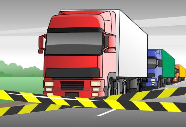 Sınırda trafik sıkışık. Coronavirus, 2019-nCov, covid-19 nedeniyle Avrupa 'da paket, ürün ve online alımlarda gecikme. Kötü posta, teslimat kesintileri. Siyah ve sarı kurdele..