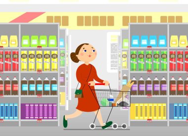 Genç bir kadın market arabasıyla alışverişe gider. Annem markette dolaşır, bakkaliye ve yiyecek alır. Elinde el çantası olan bir kız bakkaliye ve içeceklerle rafların önünden geçiyor..