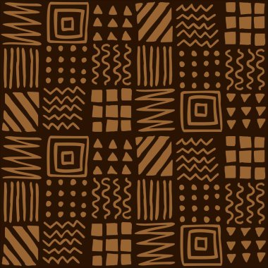 Elle çizilmiş karelerin, çizgilerin, çizgilerin, noktaların, zikzak çizgilerinin vektörsüz geometrik deseni. Koyu bir arka planda etnik renk kalıbı. Dekor, tekstil, kumaş, halı, ambalaj, duvar kağıdı, arkaplan.