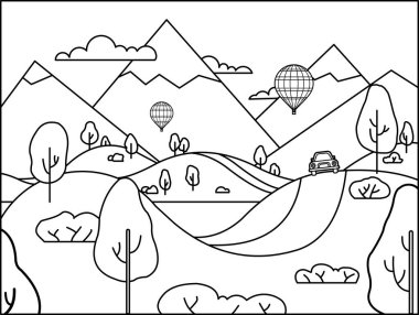 Kırmızı bir araba, sıcak hava balonu ve boyama kitap sayfası için dağlar ile manzara; araba dağ zemin ve bir göl karşı tepelerde yol boyunca sürüş.