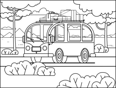 Boyama kitabı sayfası için minivan; doğanın, dağların, nehrin, ağaçların, çatı koşucusunun, valizlerin, çantaların arka planında stilize edilmiş retro minivan