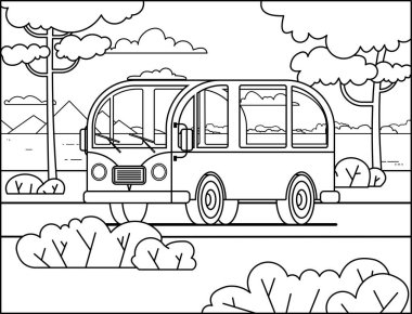 Boyama kitabı sayfası için minivan; doğanın, dağların, nehrin, ağaçların arka planında stilize edilmiş retro minivan