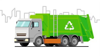 Çöp kamyonu; vektör yeşil çöp kamyonu şehir arka planında.