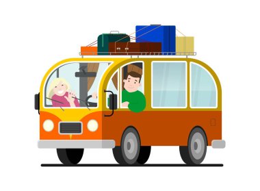Minibüsle aile seyahati; bir erkek araba sürer, bir kadın elini sallar. Eski bir karavanda mutlu çizgi film insanları. Yolculuk, yaz tatili, vektör çizimi. Çatı rafı, bavul, bavul.