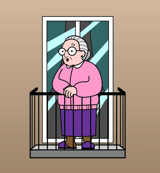 Imagen Vectorial Una Anciana Balcón Vieja Abuela Mujer Mayor Concepto — Vector de stock