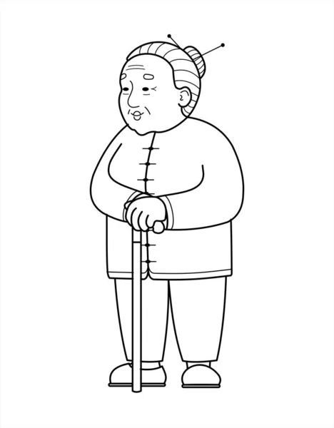 越南带着手杖的老妇人 老年妇女穿长裤 老年人概念 Babushka 与白人隔离的背景 — 图库矢量图片