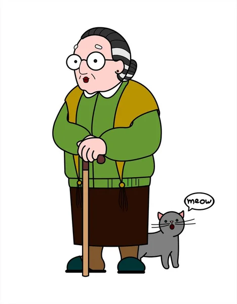 사기꾼 할머니가 안경을 지팡이를 있었어요 귀여운 고양이가 할머님 나이많은 노인들은 — 스톡 벡터