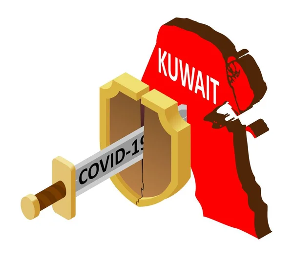 在科威特 没有针对2019 Ncov Covid 大流行和感染的保护措施 科威特的矢量图 一把破盾牌 一把刻有Covid 19字样的剑 — 图库矢量图片
