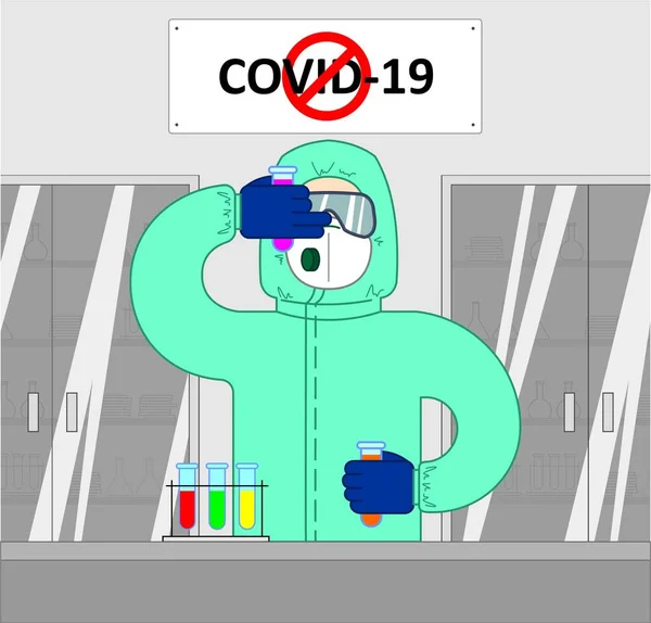 Coronavirus Vaccine Concept Covid 2019 Ncov 一个戴着防护服 面罩和呼吸器的人手里拿着试管 在实验室里拿着装有试管的橱柜和瓶子 — 图库矢量图片