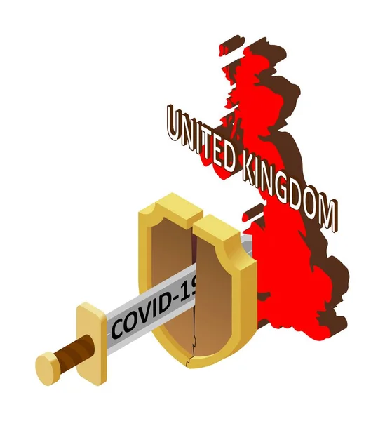 在英国 没有针对2019 Ncov Covid 大流行和感染的保护措施 法国的矢量图 破碎的盾牌 刻有Covid 19字样的剑 — 图库矢量图片