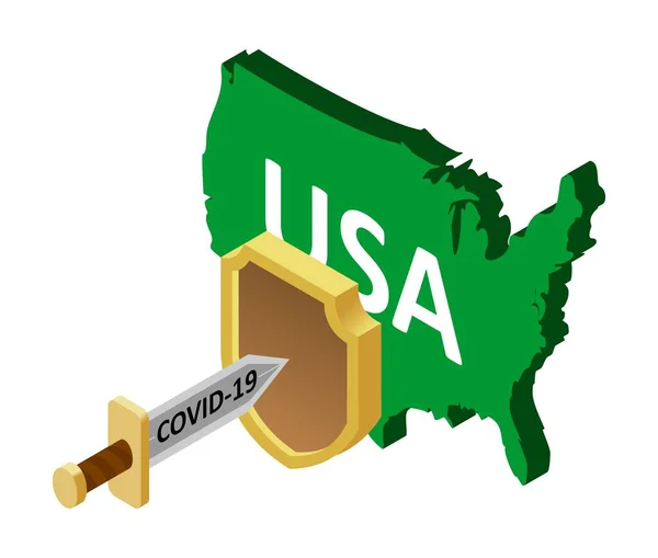 Amerykańska Ochrona Przed Coronavirus Covid Koronawirus Postaci Miecza Atakuje Kraj — Wektor stockowy