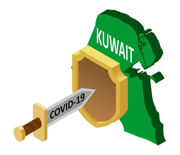 科威特对Coronavirus Covid 19的防护 以剑为形式的科罗纳威斯在盾牌的保护下袭击了科威特国 科威特国的矢量等距图像 — 图库矢量图片