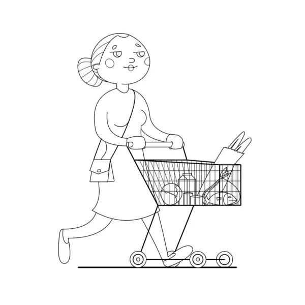 年轻妇女提着一辆装有杂货的购物车 妈妈在商店里走来走去 买食品和日用品 航向矢量图像 为书页着色 — 图库矢量图片