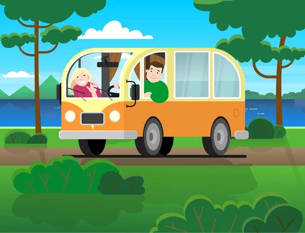Minibüsle Aile Seyahati Bir Erkek Araba Sürer Bir Kadın Elini — Stok Vektör
