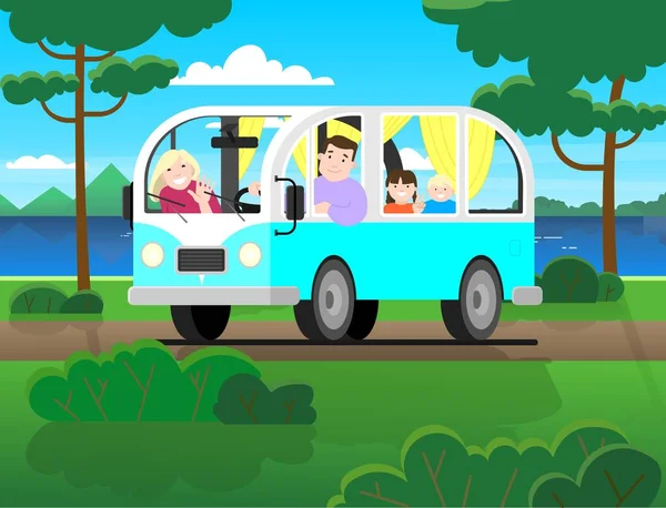 Οικογενειακά Ταξίδια Minivan Οδήγηση Πατέρα Μητέρα Παιδιά Διακοπές Στη Φύση — Διανυσματικό Αρχείο