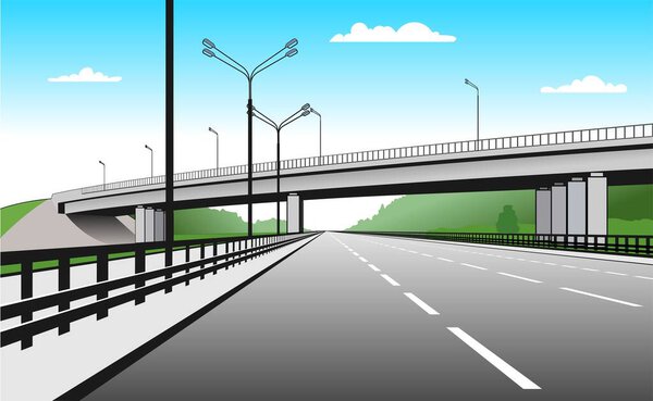 Маршрут. Дорожная развязка. Дорога проходит под мостом. Возвышенная дорога. Стилизованное векторное изображение.
